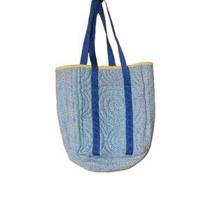 Blue Quilted Travel Tote Floral Yellow Accent Spiral Swirl Cottage core Granny